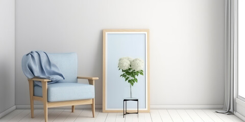 Fototapeta na wymiar Interior mockup with blue hydrangea or hortensia with empty frame for text. Cozy spacious apartment, room with blue armchair, furniture. Template for banner. Generative ai