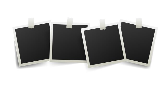 black blank photo set mockup glued with color adhesive tape . Realistic empty template for collage with sticker on white frame and shadow.