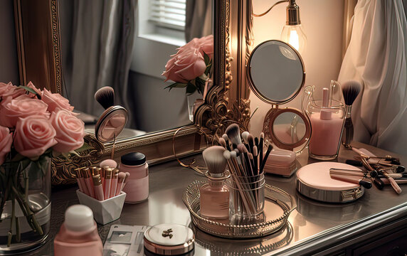 Cosmetics on the dressing table. AI technology generated image
