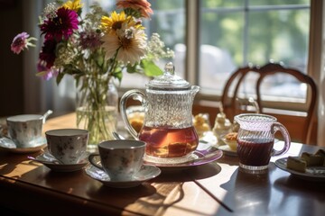 Obraz premium Breakfast table setting with pastry and tea