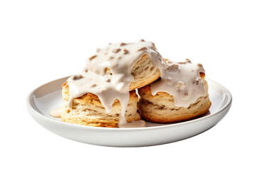 Delicious Plate of Biscuits and Gravy Isolated on a Transparent Background - obrazy, fototapety, plakaty