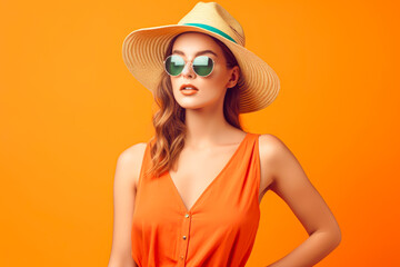 Attractive lovely young woman in sunglasses and hat standing over orange backgound. Summer accessories. Summer concept. Generative AI 