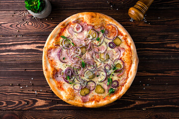 Pizza with ham, cheese, red onion, pickles and microgreens, junk food. - 614794734