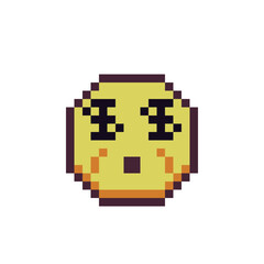 Obraz premium Face with dollars in eyes, smile pixel art flat style icon, emoticon, thin face of greedy man cartoon character. 8-bit Isolated abstract colorful vector illustration.