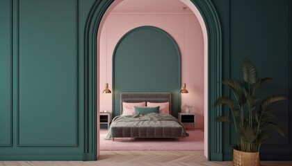Fototapeta na wymiar Bedroom interior.Art deco style.Green pink and gold color.Design with arch wall.3d rendering