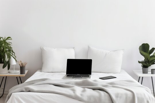 Unwind by using a laptop while seated on pillows in bed. Concept for an apartment's interior decor. Blogger and freelancer collaboration Mockup of a blank screen with a hero header for a website or bl