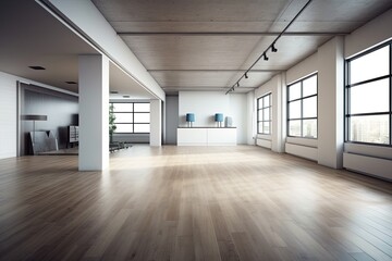 Unoccupied space with laminate flooring. Generative AI
