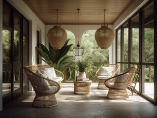 Conceptual Illustration of a Cozy Veranda Terrace Interior Design with wooden furnitures. Generative AI.