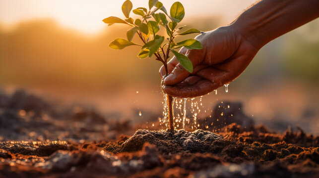 Two hands watering a young green plant under a gentle morning light. Ecology and environment friendly concept.
