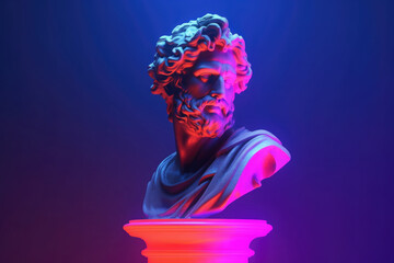 Gypsum antique statue with neon colored background. Creative aesthetic contemporary art collage. Fashion wallpaper. Created with Generative AI - obrazy, fototapety, plakaty