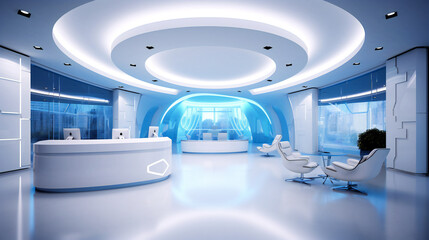 Technology company reception, with a futuristic high tech design, in white and blue colors