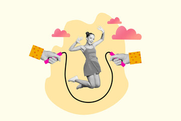 Intense cardio collage of funny sportive girl jumping ropes equipment playing free time hobby have...