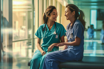 Two doctors chatting and laughing in a hall of the hospital
