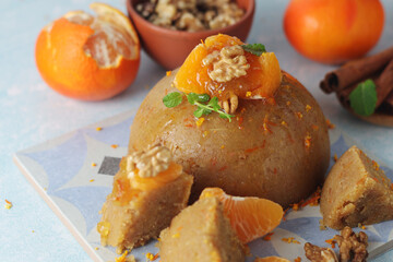 Mandarin halva dessert, traditional Greek desser