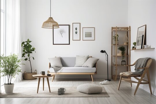 Scandinavian white room with design sofa, bookstand with accents, pillows, blanket, gramophone, and mock up picture frames is chic and inviting. White walls and a contemporary triangular lamp