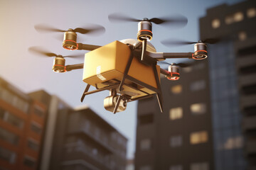 Drohne, die ein Paket durch eine Großstadt trägt, Drone carrying a package through a big city - obrazy, fototapety, plakaty