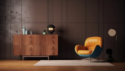 Midcentury interior design with armchair and cabinet.3d rendering