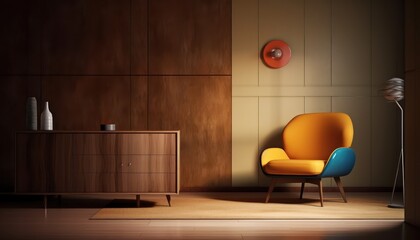 Midcentury interior design with armchair and cabinet.3d rendering