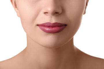 Woman with pink lips on white background, closeup