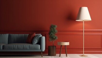 Mockup red living room interior with sofa table lamp and copy space.3d rendering