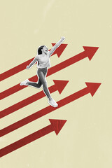 Creative drawing collage picture of energetic excited female raise fist run fly have fun arrow point way direction dream inspiration