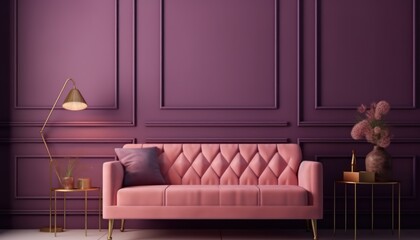 Modern classic style with pink sofa and gold table on purple wall background.3d rendering