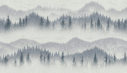 Mountains seamless pattern design, Forest pattern, Nature design, Peak, Trees, Watercolor, landscape pattern design