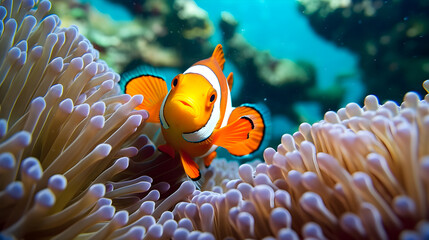 Naklejka na ściany i meble Clownfish swimming among anemone and corals on the seabed. Generative ai.