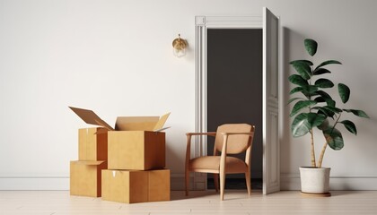 Relocation,Furniture in boxes.Moving to new house service or concept for buying furniture delivery.3d rendering