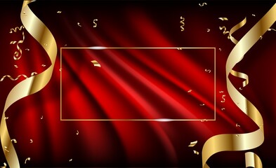 Gold frame with golden silk ribbon on red curtain illustration. © raz234