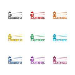 Lighthouse word logo icon isolated on white background. Set icons colorful - obrazy, fototapety, plakaty