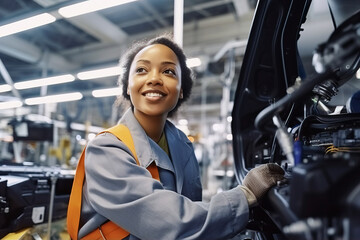 Smiling black woman working in car factory. Created with AI.