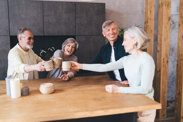 Happy senior friends clinking cups with drinks