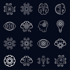 Set of flat icons for AI concept vector, artificial intelligent icons on dark background, AI group of symbols