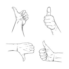 Set thumb hand collection drawn gesture sketch vector illustration line art