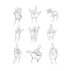Set fuck, metal, good luck hand collection drawn gesture sketch vector illustration line art