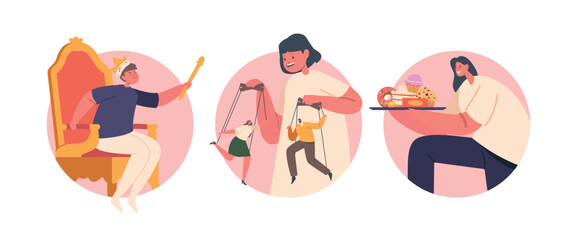 Isolated Elements with Children Masters of Manipulation Control Parents. Little Boy Character Sitting on Throne