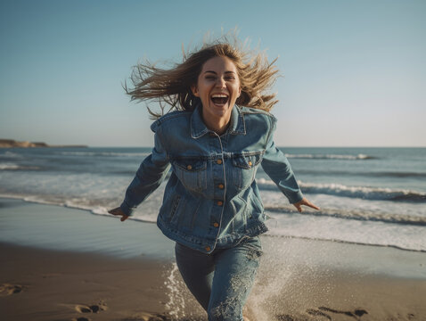 pretty young happy woman with jeans funny jumping on beach in a sunny day. Generative AI