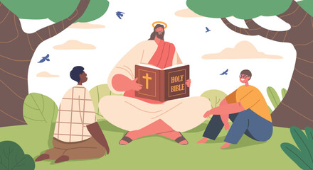 Jesus Character Spreading Wisdom And Love, Reading The Bible To Children On A Sunlit Summer Field, Vector Illustration