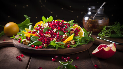 a colorful and vibrant salad featuring a generous sprinkling of pomegranate seeds. The salad is a delightful mix of fresh greens, crisp vegetables, and a burst of sweetness from the pomegranate seeds
