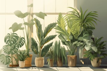 tropical indoor houseplants. Tropical plants of several varieties in a room with morning solar light. Background, green living, home decor, decoration, potted palm, and banana. Generative AI