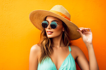 Attractive lovely young woman in sunglasses and hat standing over orange backgound. Summer accessories. Summer concept. Generative AI 