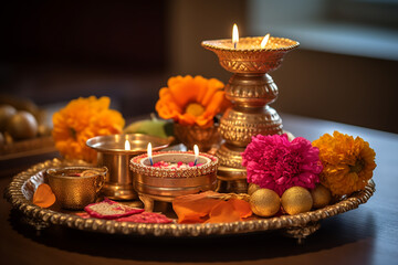 Fototapeta na wymiar Beautifully decorated Pooja Thali for diwali worship celebration, having Indian sweets, lamp, flower. ai generative
