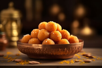 Indian sweet Motichoor laddoo is also known as Bundi Laddu or Motichur Laddoo which originated from very small Gram flour balls or Boondis which are deep fried.ai generative