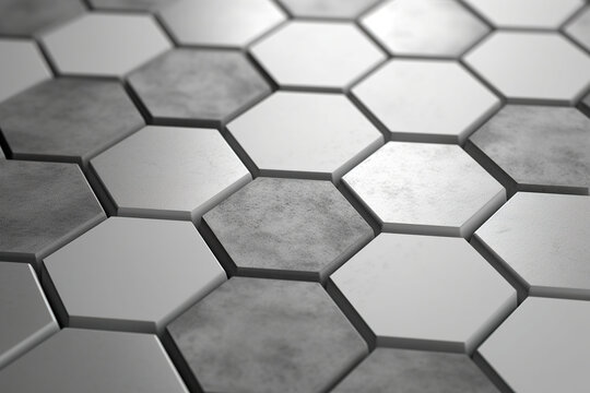 Minimalist hexagons on a cool gray background. Futuristic and technological hexagonal background 3d rendering. Realistic 3D illustration. Generative AI