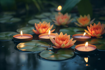 Burning candles and water lily in a serenity pool. ai generative