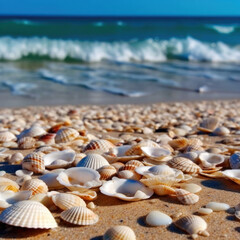 Fototapeta na wymiar Colored shells on the shore of the blue sea. Summer sunny day. Generative AI