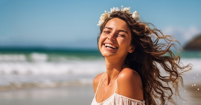 Happy smiling woman enjoying freedom and life at the beach.Happy cheerful smile of young female in sunlight having fun in the summer by the sea