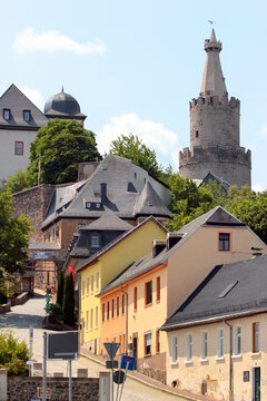Weida, Germany - June 18, 2023: Osterburg Castle, a castle located conspicuously on a hill in the middle of the town of Weida in the county of Greiz in the German state of Thuringia.
