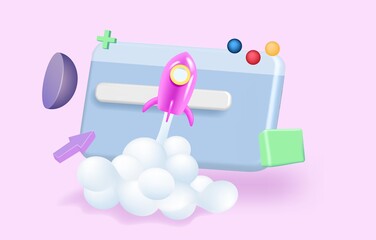 3d concept background with rocket. Project start up - launch.
